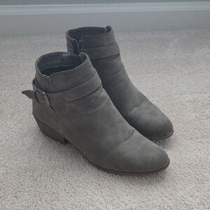JustFab Taupe Suede Ankle Booties with Buckle Accent